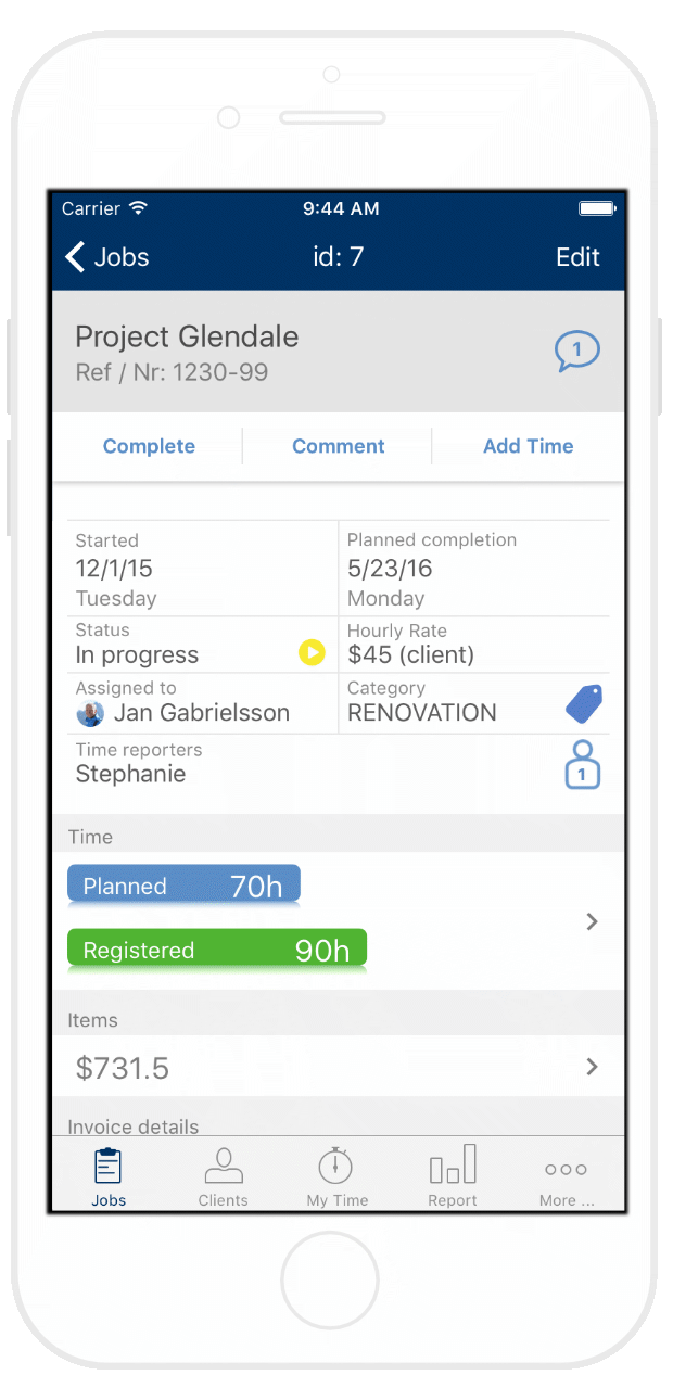 Work order or project in Jobbile iPhone and Android app