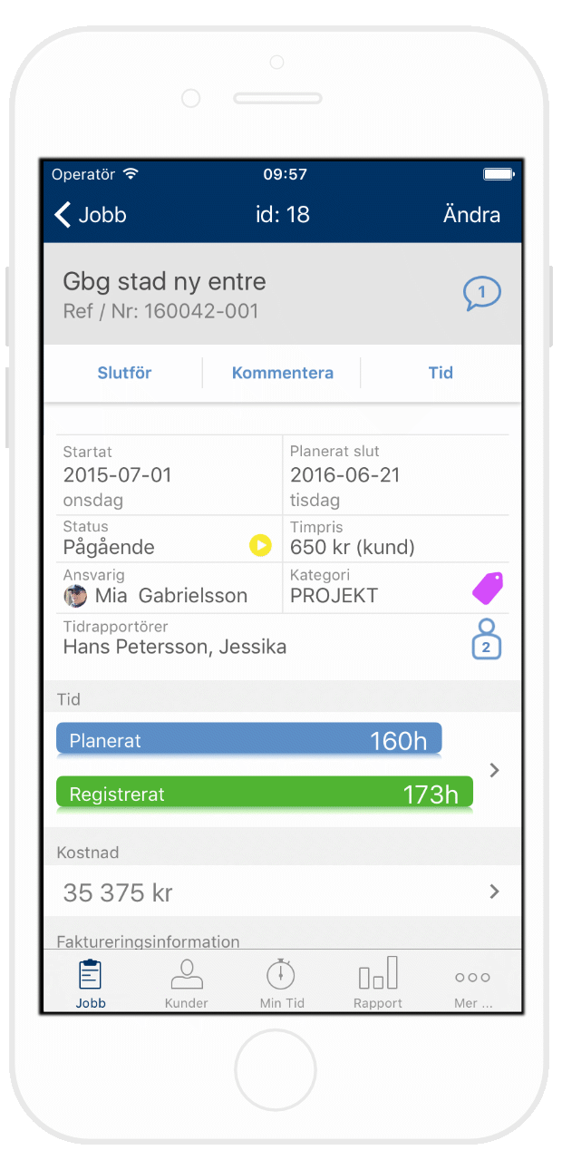 Arbetsorder eller projekt i Jobbiles iPhone och Android app