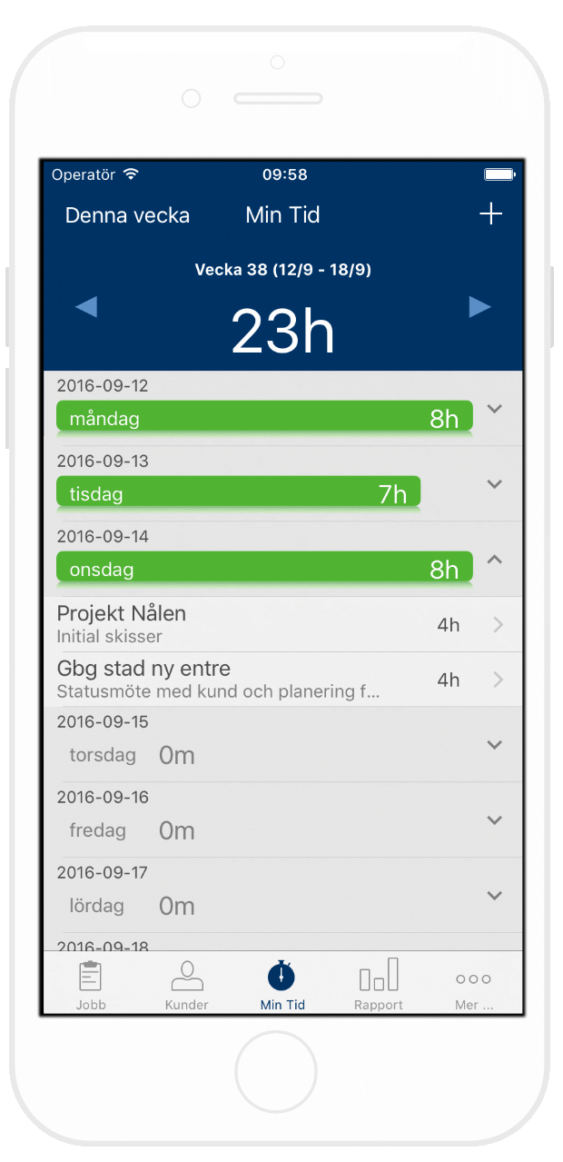 Tidrapportering med jobbile i iPhone appen