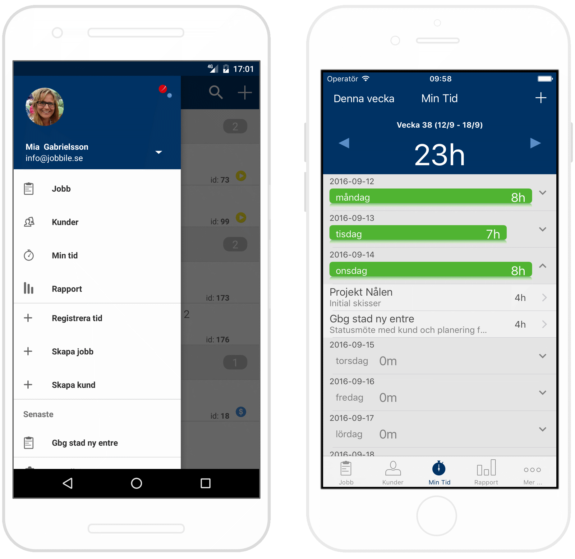 Tidrapportering med Jobbile via app för iPhone och Android